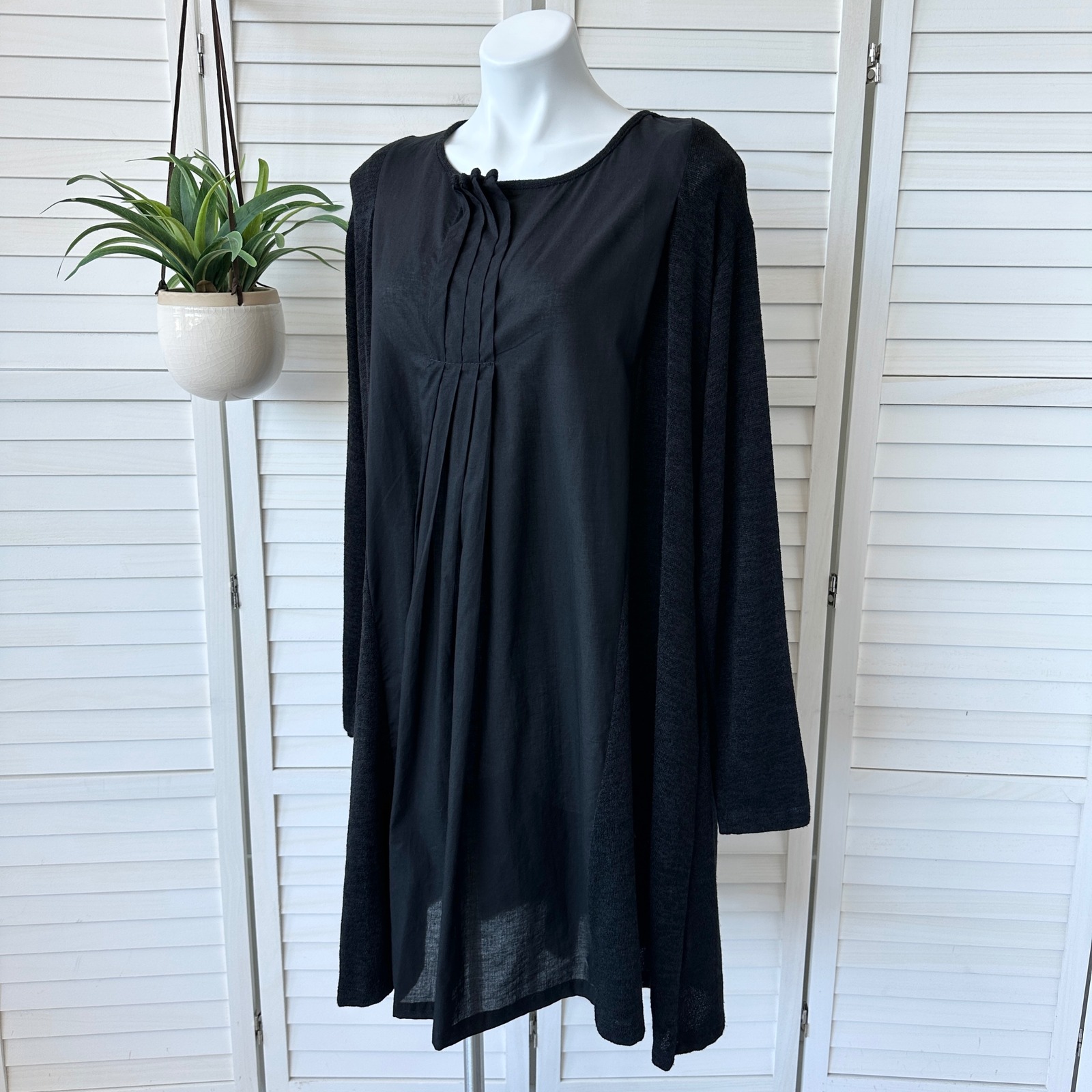 Gershon Bram Black Tunic Dress Long Sleeve Pleated Detail Lagenlook Size Large